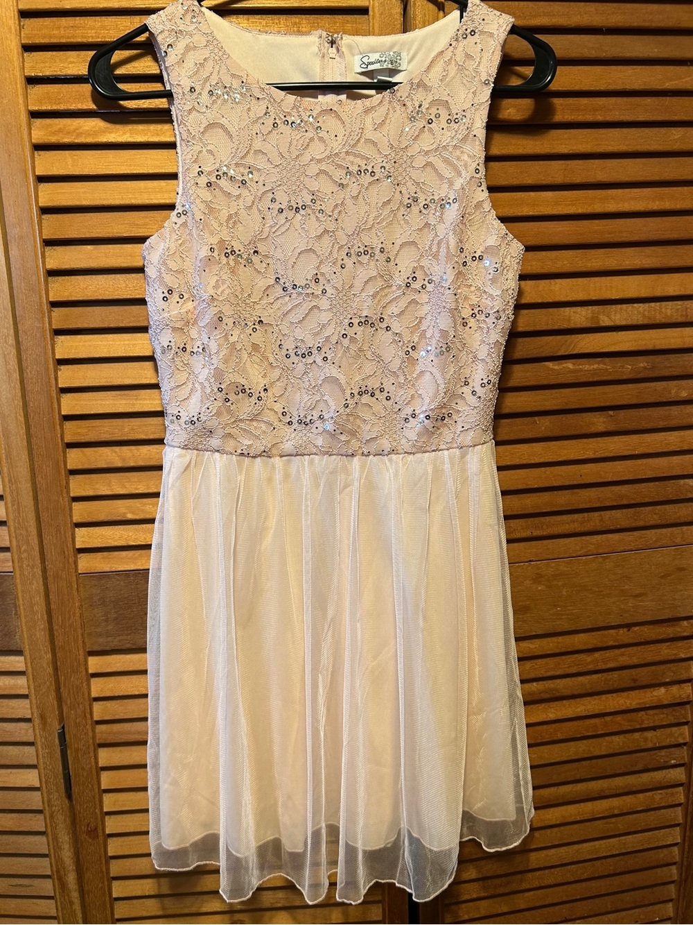Speechless Pink Blush Lace & Sequins Top with Tulle Bottom Dress
